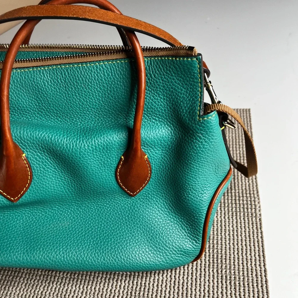 Dooney & Bourke Teal Pebbled Leather Satchel Crossbody Bag Brown Trim